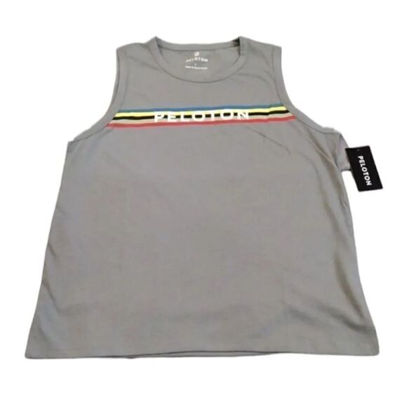 Peloton Grey Studio Colorful Logo Side Slit Workout Tank Top Large NWT - Picture 2 of 16